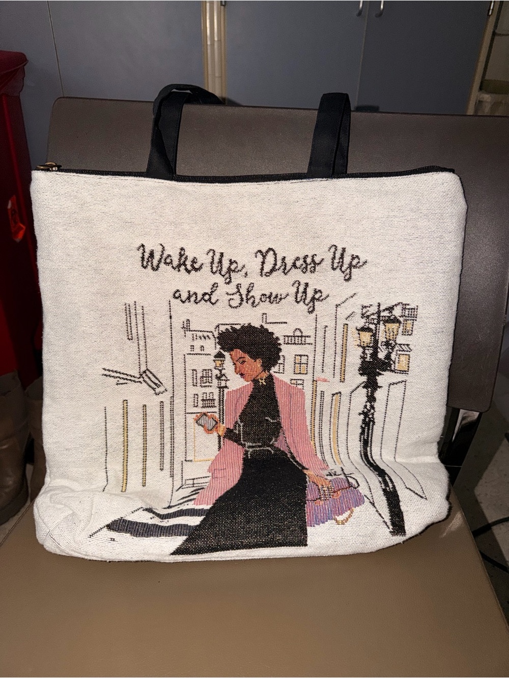 Canvas Tote Bag with Pink Illustration - Wake Up Dress Up and Show Up - Picture 2 of 8